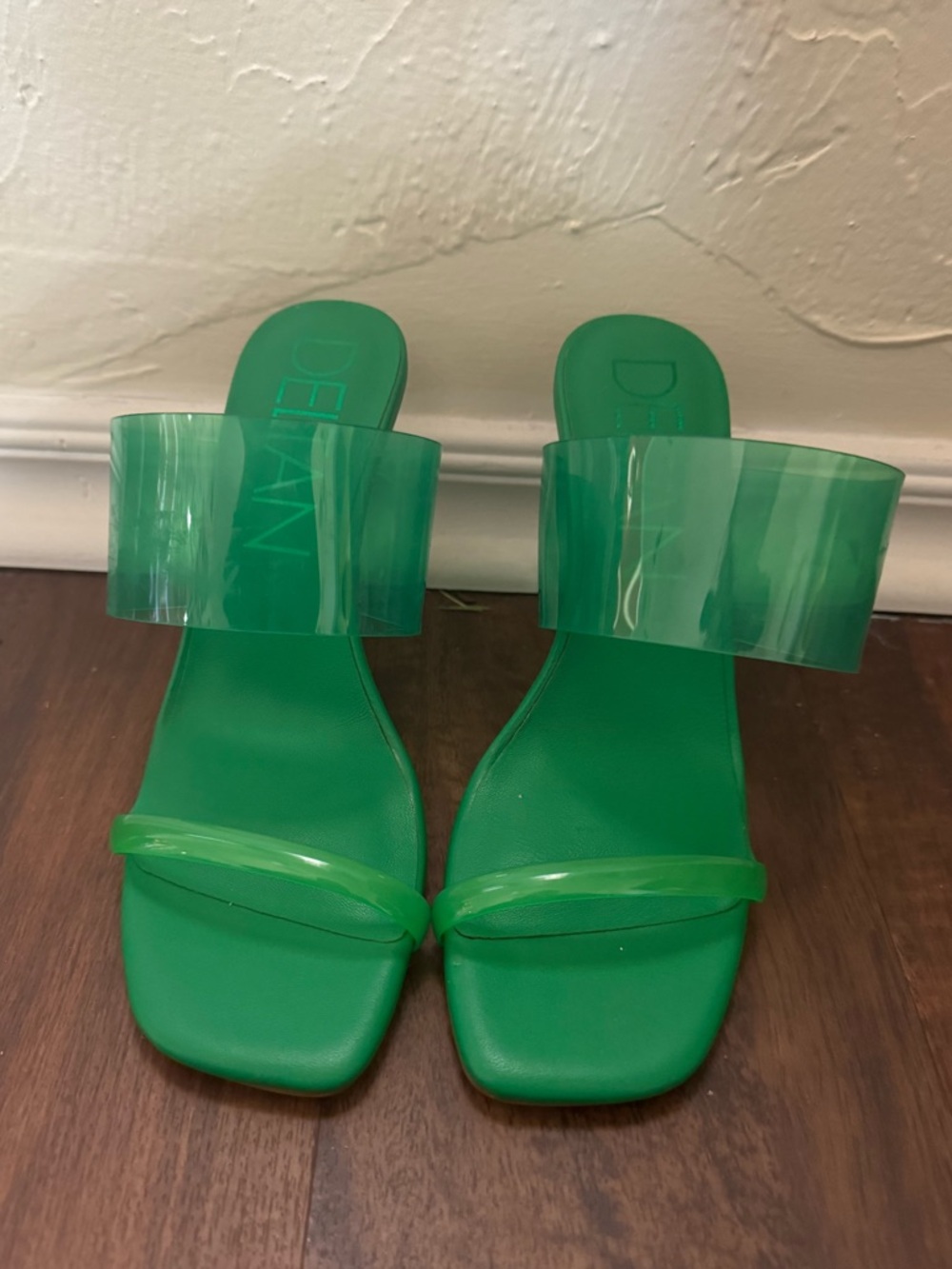 Delman Green Slide Sandals with Clear Wide Strap